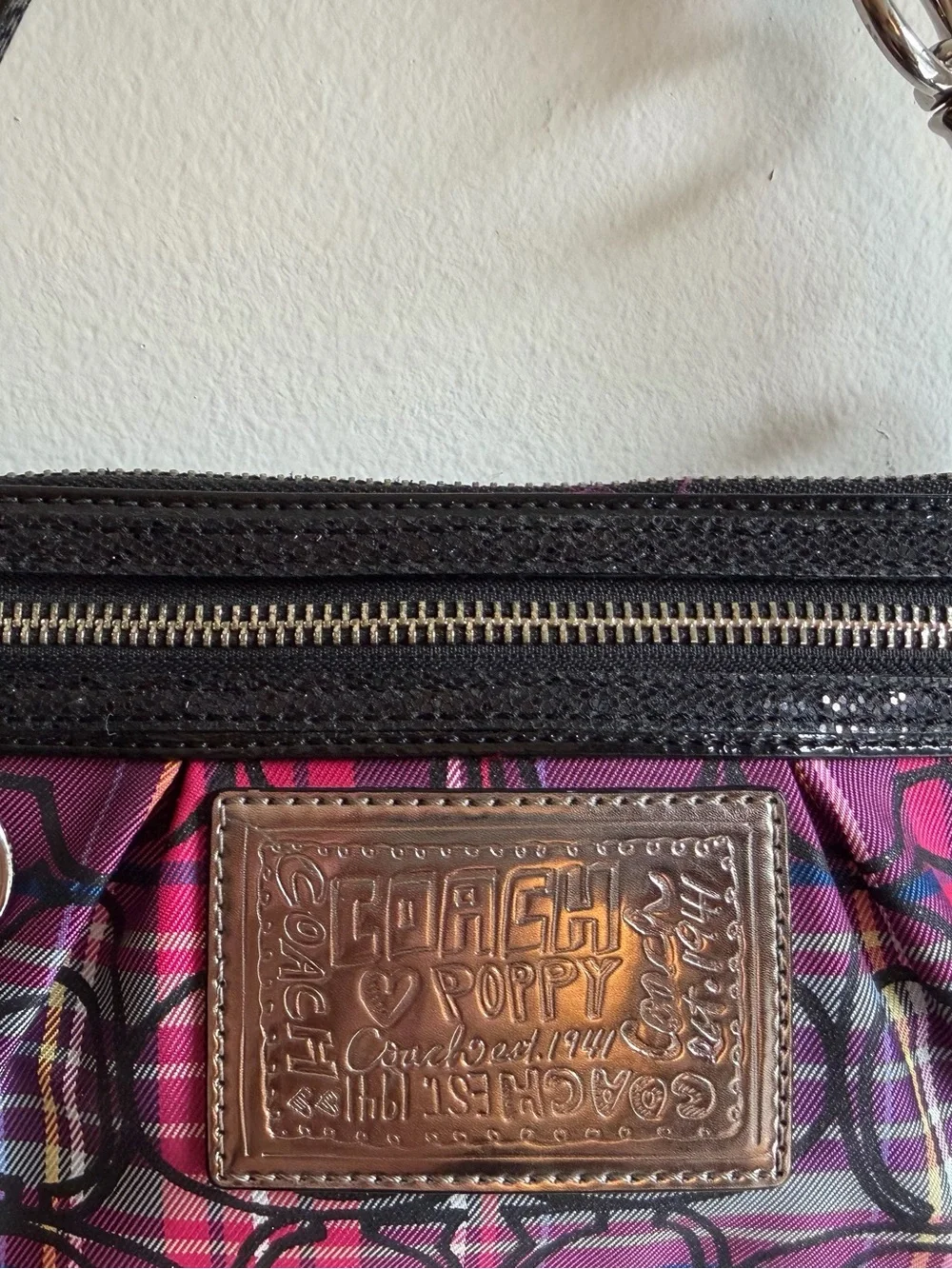 Coach Poppy Tartan Plaid Graffiti Wristlet Mini Bag Y2K Pink Purple